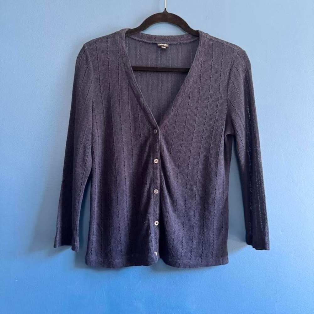 Y2K Linen Blend Cardigan Women's Size Small Petite Navy Blue Knit‎ Sheer Preppy
